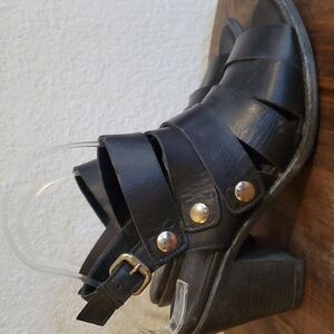 Eliana Bucci- Womens Black Strappy Leather Peep Toe Ankle Boots Heels Sz.7